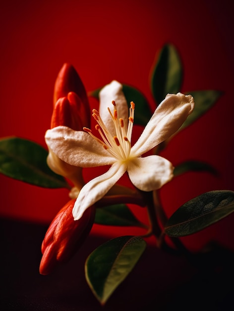 A white flower with yellow stamens and green leaves