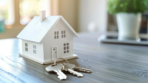 Photo white house model and house keys on the table in new apartment mortgage loan approval