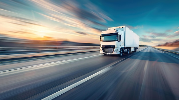 A white lorry truck driving on the highway with a motion blurred background