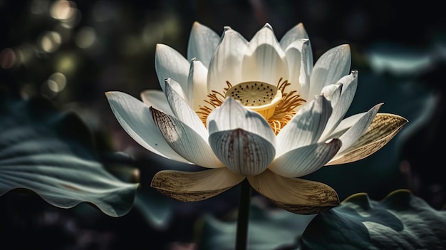 A white lotus flower with the word lotus on it