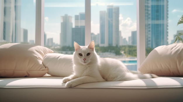 White persian cat relax on sofa in living room with city view