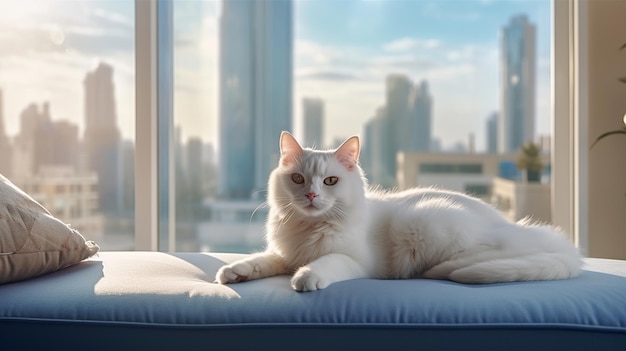 White persian cat relax on sofa in living room with city view