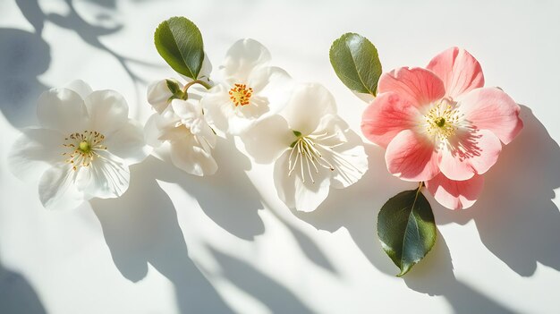 Photo white and pink flowers with green leaves on a white background