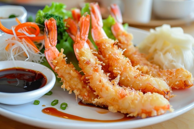 Photo a white plate is filled with crispy tempura shrimp and assorted vegetables a plate of crispy tempura shrimp and vegetables served with a side of dipping sauce