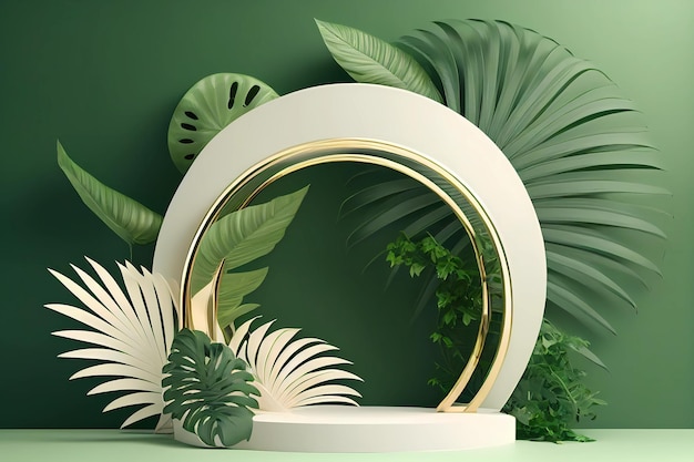 White product podium with green tropical palm leaves generative ai