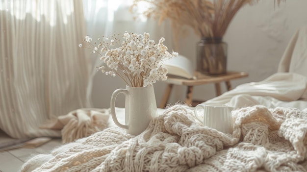 Photo a white vase with flowers on a bed room interior