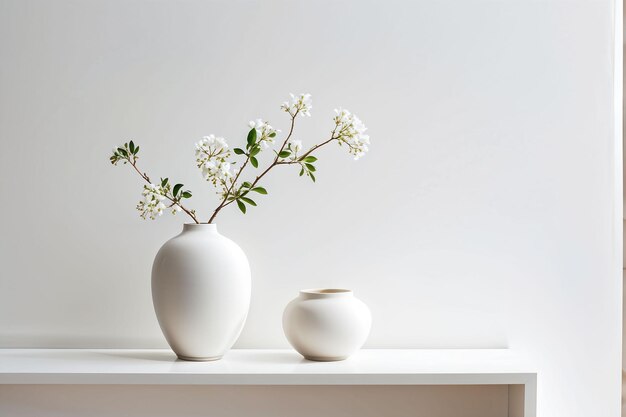 Photo a white vase with flowers on a shelf and a white wall behind it