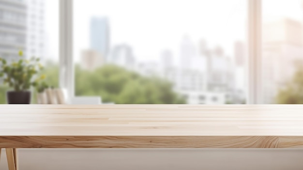 white wood top table over office blurred background