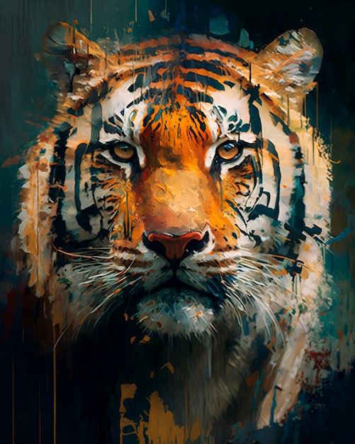 Wild tiger portrait close up wild nature powerful leader animal symbol blurred brush strokes oil pai