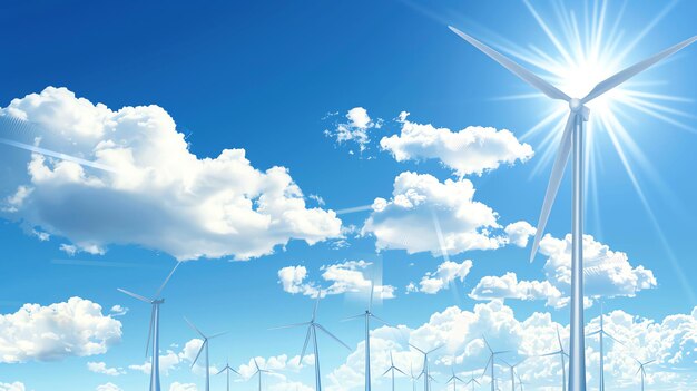 Photo wind turbines stand tall against a bright blue sky with white clouds bathed in sunshine