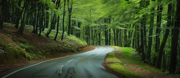 Photo winding road through lush green forest