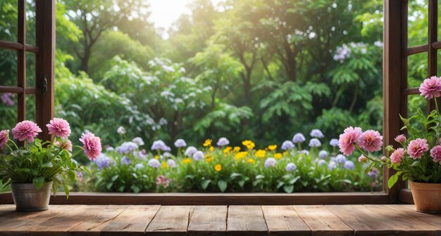 Photo a window with a view of the forest and flowers