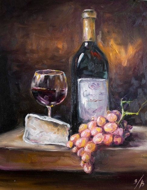 Wine in a glass with grapes Oil painting with brush strokes