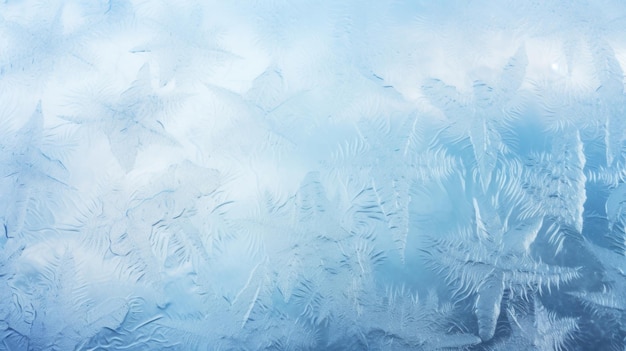 Photo winter frosted window glass blue color background