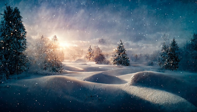 Winter landscape Christmas trees in the snow Snowfall in nature winter nature winter forest 3D illustration