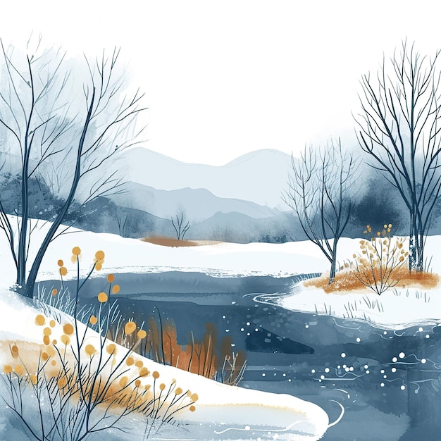 Winter Wonderland Nature Scene in Flat Vector and Watercolor