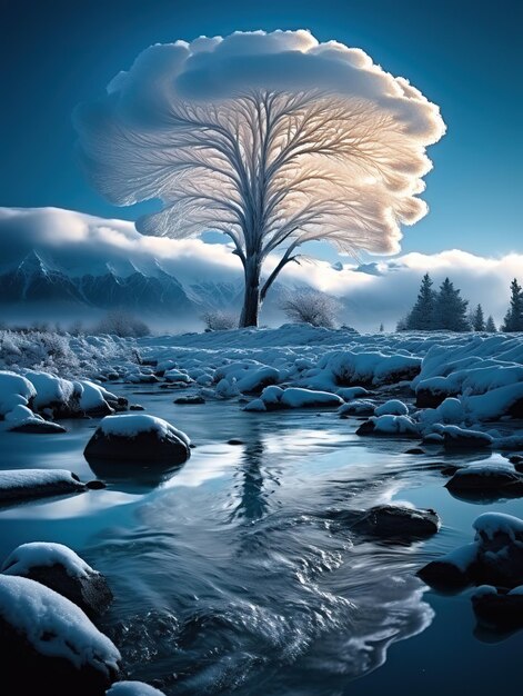 Photo winters embrace a snowcrowned tree amidst the serene mountain landscape