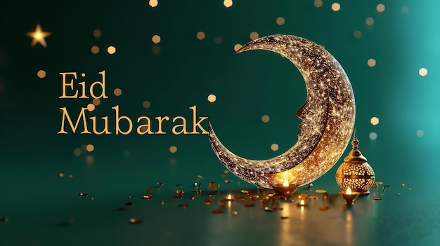 With confetti and a moon against an attractive green backdrop with Eid Mubarak words Generative AI