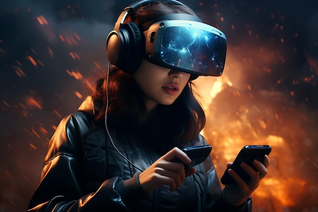 with a smartphone in hand a woman is holding a virtual reality helmet