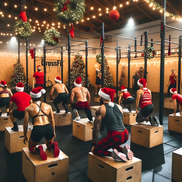 Within the confines of a CrossFit box transformed into a festive holidaythemed workout space athle