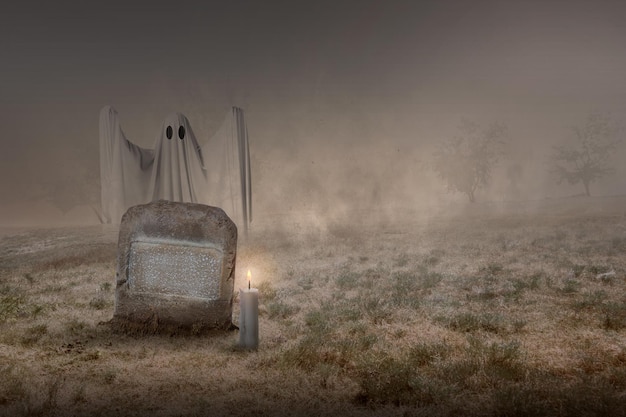 Witte geest spookt rond op het kerkhof