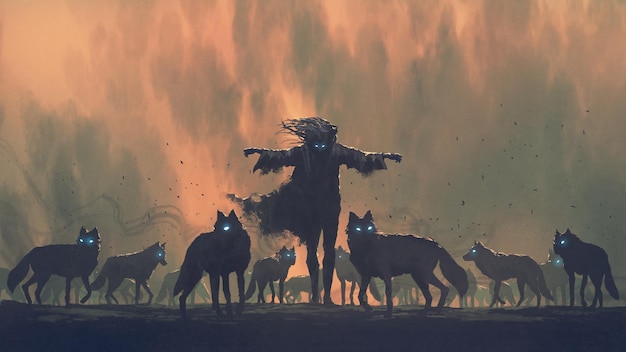 The wizard standing among his demonic wolves digital art style illustration painting