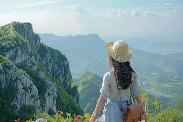 사진 여성 아시아인 여행 휴가에서 휴식을 취합니다 절벽에 산의 자연을 보십시오