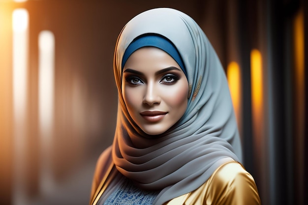 A woman in a blue hijab with a gold background