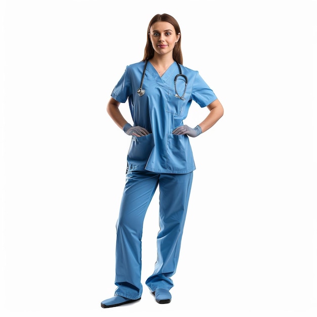 A woman in a blue scrub suit stands in front of a white background