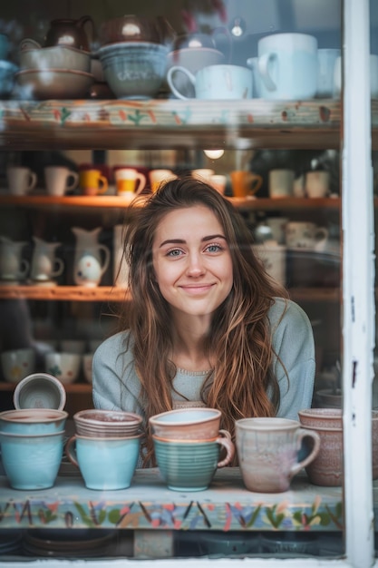 Woman Behind Counter With Cups and Saucers