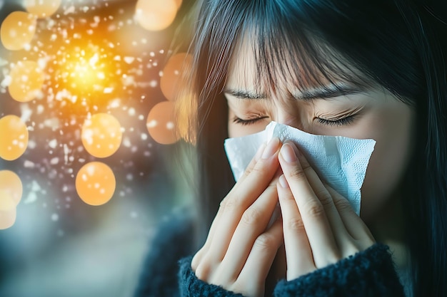 Photo a woman covers her nose with a tissue paper in her hand