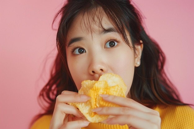 Photo a woman eating a potato chip and smiling