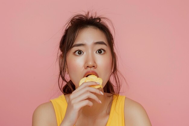 Photo a woman eating a potato chip and smiling