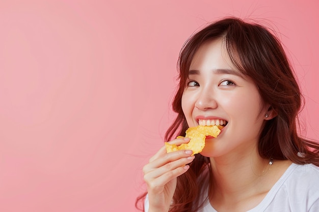 Photo a woman eating a potato chip and smiling