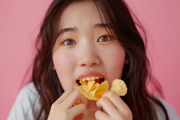 Photo a woman eating a potato chip and smiling