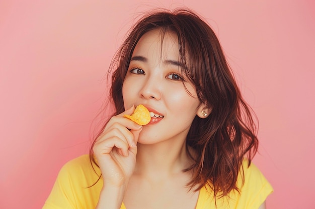 Photo a woman eating a potato chip and smiling