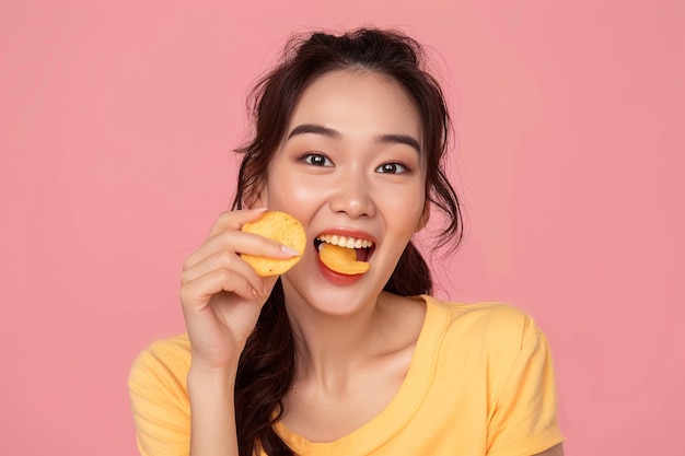 Photo a woman eating a potato chip and smiling