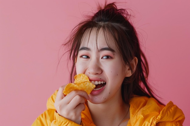 Photo a woman eating a potato chip and smiling