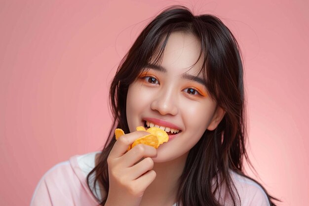 Photo a woman eating a potato chip and smiling