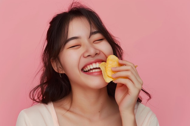 Photo a woman eating a potato chip and smiling