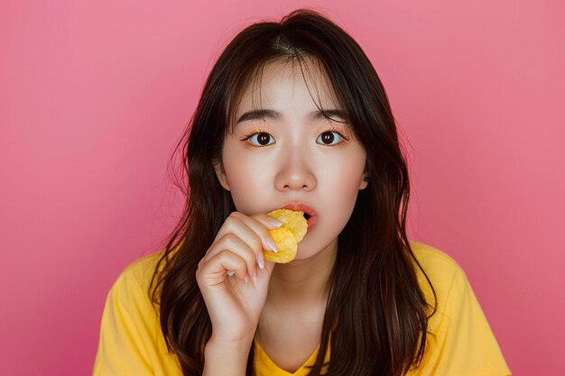 Photo a woman eating a potato chip and smiling