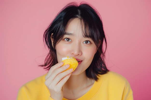 Photo a woman eating a potato chip and smiling