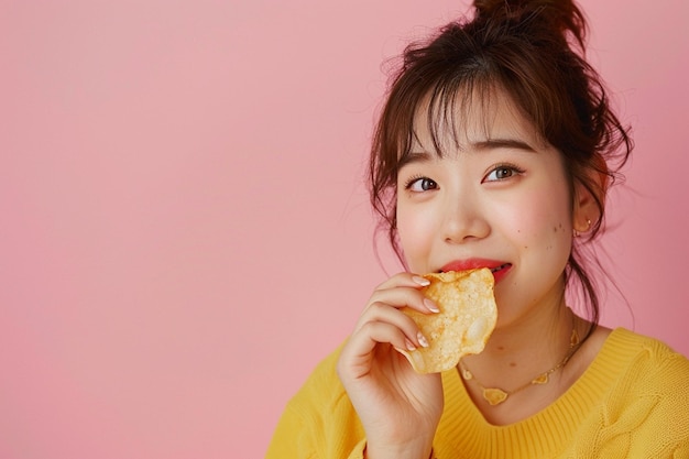 Photo a woman eating a potato chip and smiling