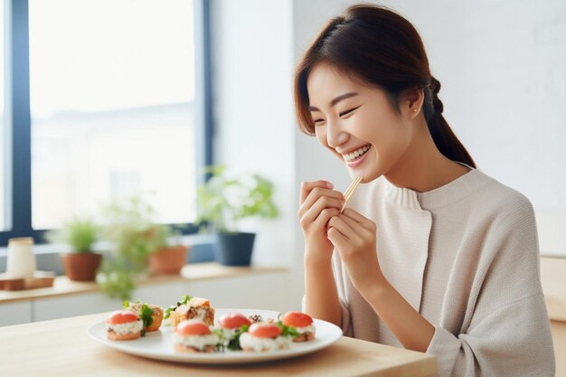 Photo a woman eating sushi with chopsticks and a smile on her face