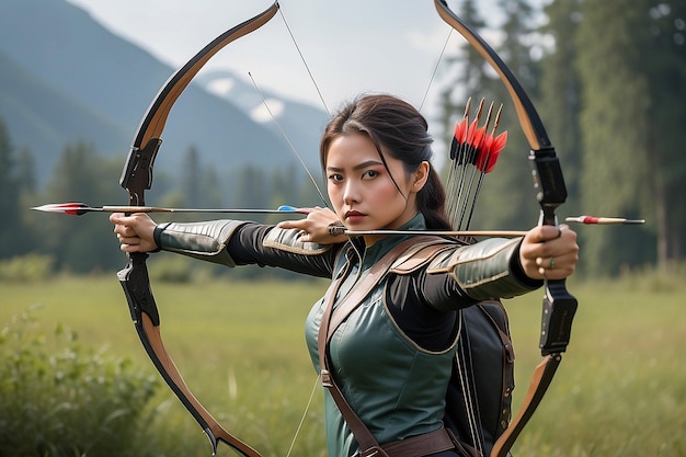 Photo woman in graceful stance aiming arrow at target