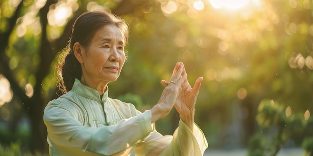 Foto donna che pratica graziosamente il tai chi in una foresta tranquilla che incarna la serenità e l'equilibrio aig58