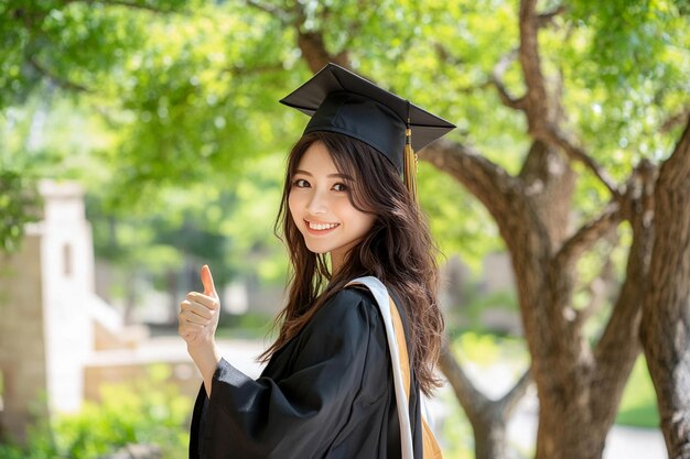 Photo a woman in a graduation cap with a thumbs up