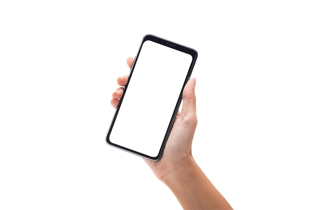 Woman hand holding the black smartphone with blank screen isolated