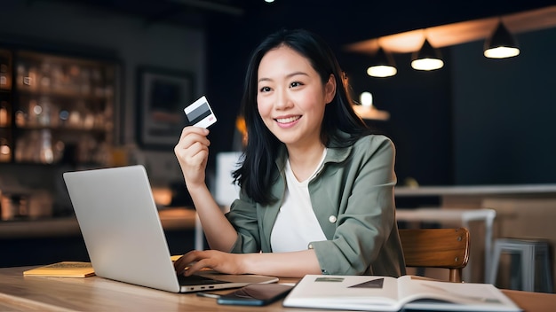 Photo a woman holding a credit card and a laptop in front of her