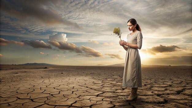 Foto a woman holding a flower in her hand and the sky behind her